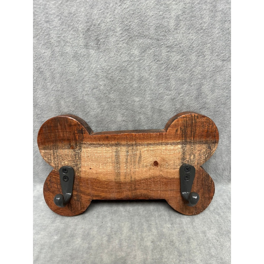 Dog Bone Wall Hook Rack Brown Wood 2-Hook Leash Key Holder Rustic